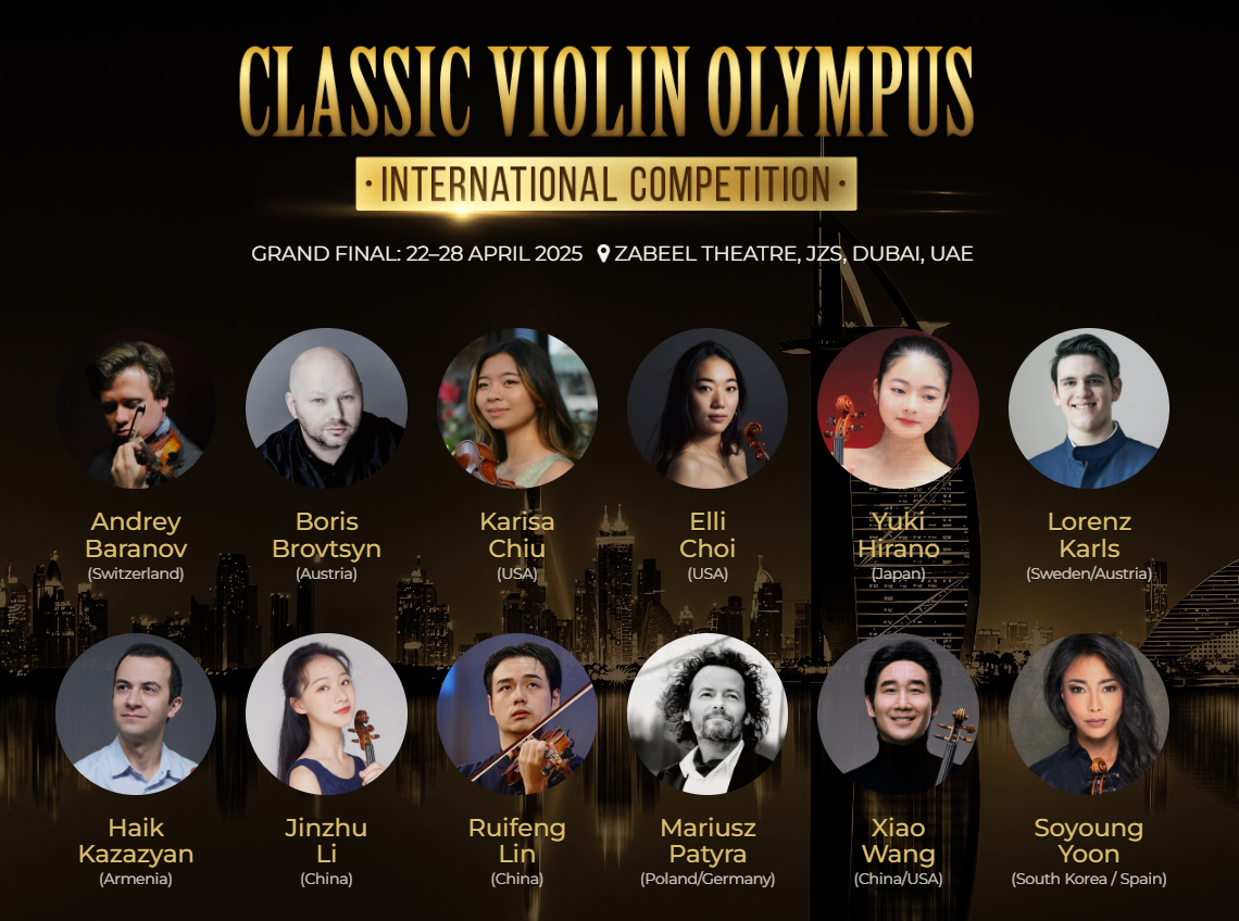 Cartel oficial del Classic Violin Olympus International Competition 2025, con los finalistas y fechas del evento en Dubái.