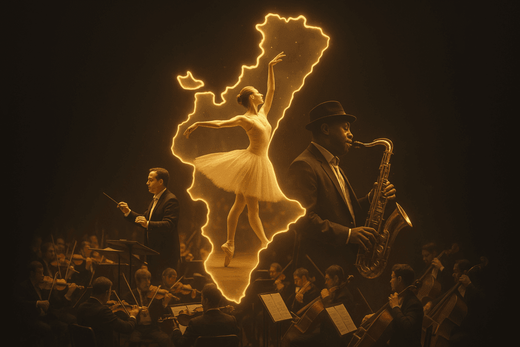 Mapa iluminado de la Comunitat Valenciana con ballet, saxofonista y director de orquesta en el Festival Internacional de Música y Danza FIV